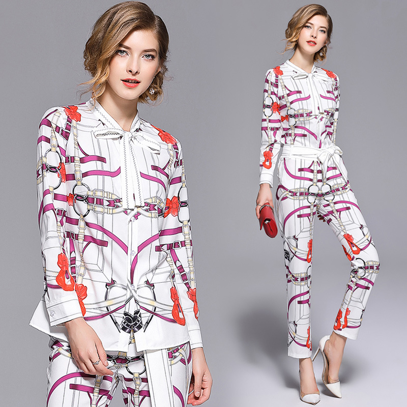 2018 Fashion Chain Printed Suit Sets 2 Piece Bow Collar Full Sleeve Shirt Top + Belt Pencil Pants Sets For Women Runway Twinsets D18110706