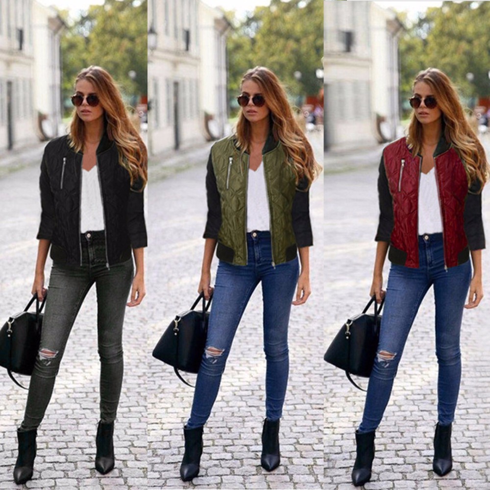 Puseky Fashion Autumn Women Army Green Bomber Jackets Parkas Cool Zipper Down Jacket Coats Streetwear Patchwork Biker Outwear