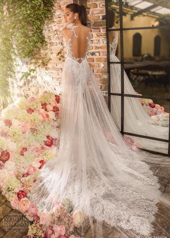 Elihav Sasson Mermaid Wedding Dresses Hollow Back Lace Appliques Sweep Train Illusion Boho Bridal Dress Slim Fit Plus Size Wedding Gowns
