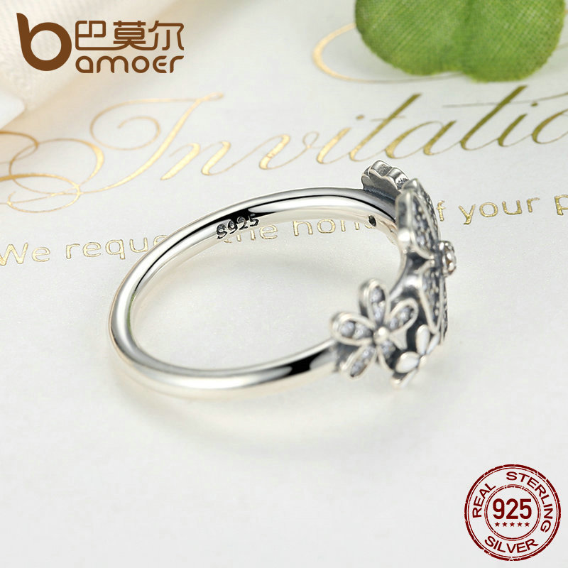 BAMOER 925 Sterling Silver Shimmering Bouquet, White Enamel & Clear CZ Flower Finger Rings for Women Wedding Gift PA7176 S18101607
