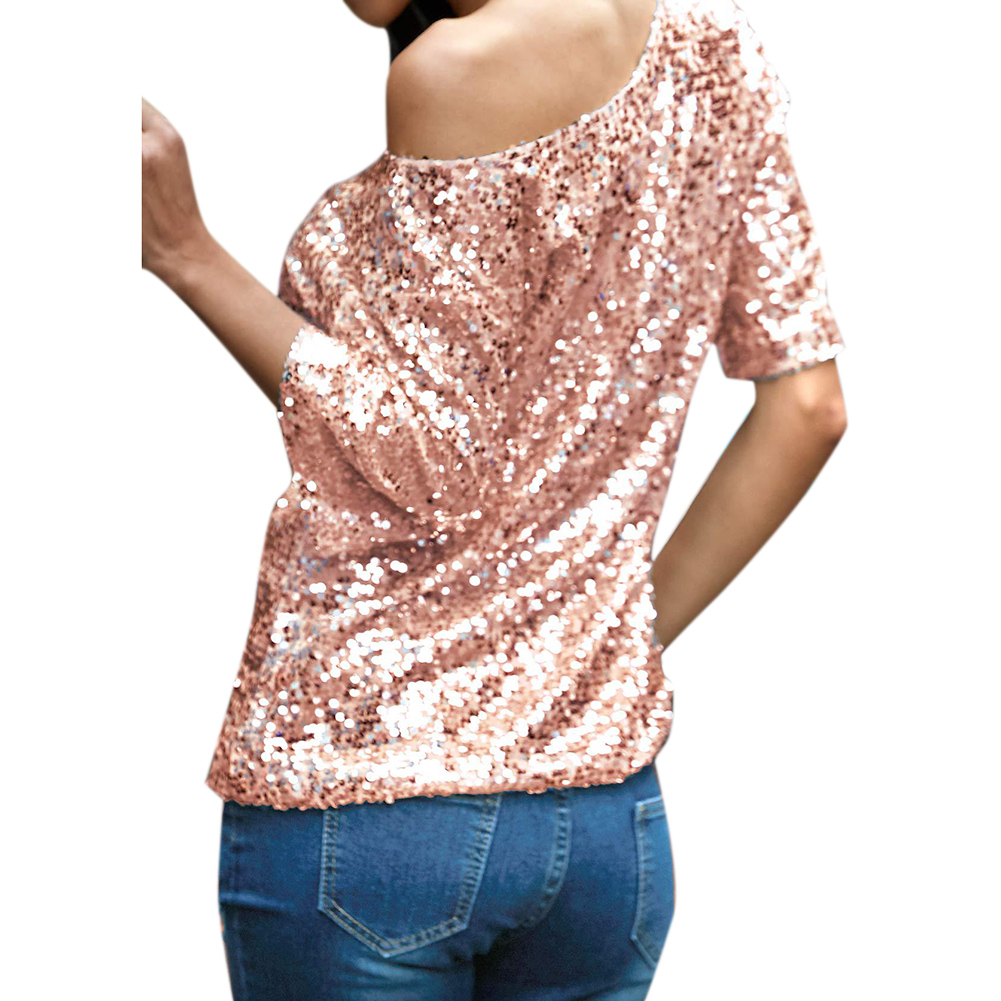 Sexy Women Loose Off Shoulder Sequin Glitter T shirt Summer Casual Shirts Vintage Streetwear Party Top Pink/Silver T-shirt Women