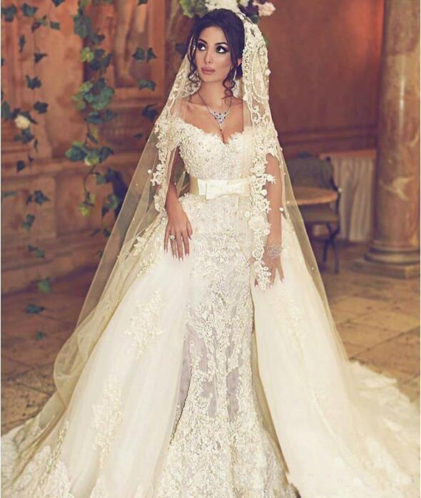 Vintage Dresses Overskirts Off Shoulder Sash Mermaid Lace Wedding Dress With Detachable Tulle Count Train Bridal Gowns 0521