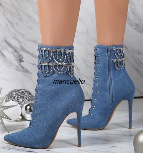 22018 new Blue Jeans Stiletto Heel booties Pointy Ankle Boots Cross Strap Crystal Decorated Lace Up Short Boots Trendy fashion Shoes New, Black
22018 new Blue Jeans Stiletto Heel booties Pointy Ankle Boots Cross Strap Crystal Decorated Lace Up Short Boots Trendy fashion Shoes New, Black
