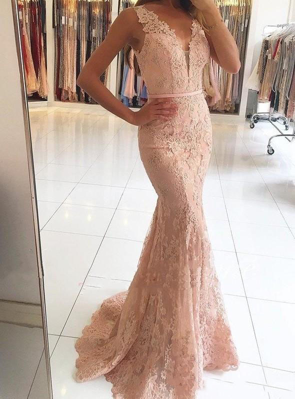 Lace Elegant Evening Champagne Dresses Deep V Neck Mermaid Prom Gowns Back Button Or Length Custom Made Vestidos De Noiva Tiered Ruffle 6660306