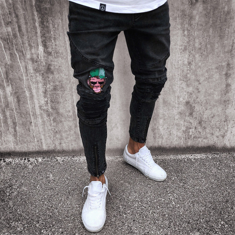 Ripped Skinny Jeans For Men - Stylish Stretch Denim With Embroidered Patterns B4