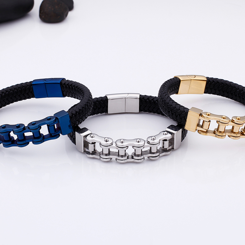 Vintage Men's Stainless Steel Bicycle Chain Bracelet Thick Heavy Hip Hop Rock Motorcycle Chain Leather Weaving Bangle Jewelry