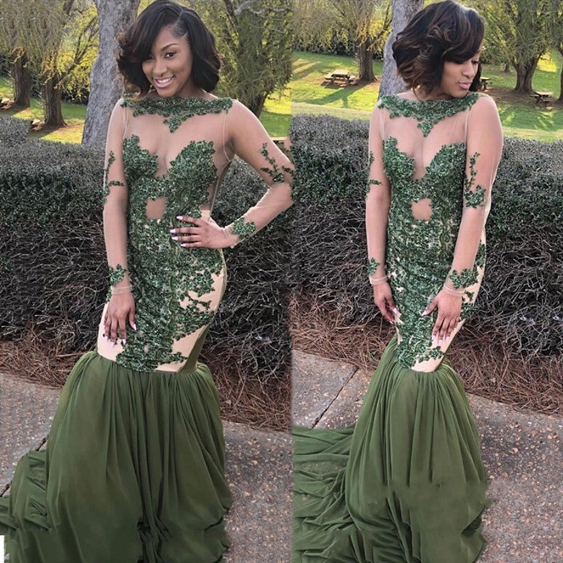 Sexy Hunter Green Mermaid Prom Dresses Sheer Neck Long Sleeves Appliques Tulle Chiffon Black Girls Party Dresses, Same as picture
Sexy Hunter Green Mermaid Prom Dresses Sheer Neck Long Sleeves Appliques Tulle Chiffon Black Girls Party Dresses, Same as picture