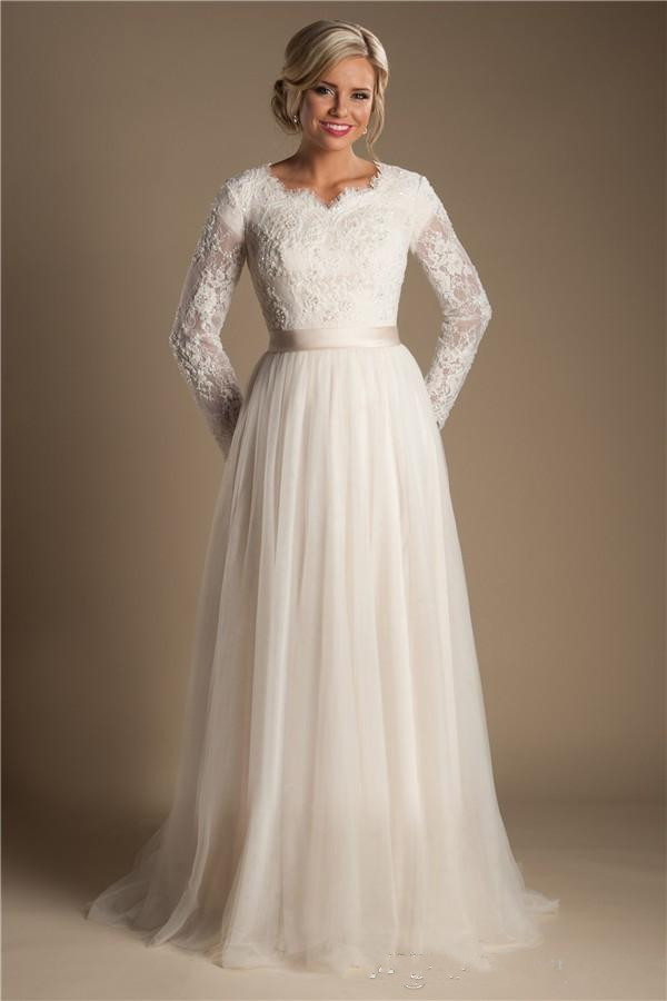 Modest A-line Beaded Lace Wedding Dresses With Long Sleeves Buttons Up Back Chiffon Bridal Gowns Wedding Dress