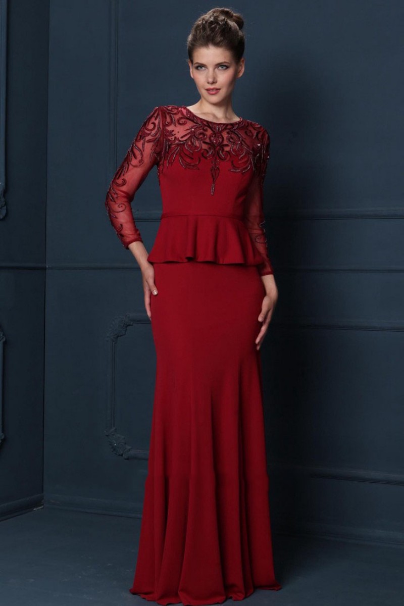 Red Mermaid Mother of the Bride Dresses Jewel Neck Sheer Long Sleeves Appliqued Sequins Prom Dresses With Peplum Plus Size Mothers' Dress