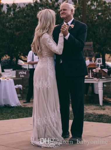 Beach A Newest Line Dresses Country Style Scoop Lace Applique Long Sleeves Sweep Train Bridal Gowns Wedding Dress Vestidos De Novia Pplique