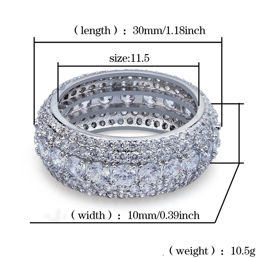 Size 6-12 Hip Hop 5 Rows Clear Cubic Moissanite Ring Gold Sier Colors Classic Punk Male Finger Rings