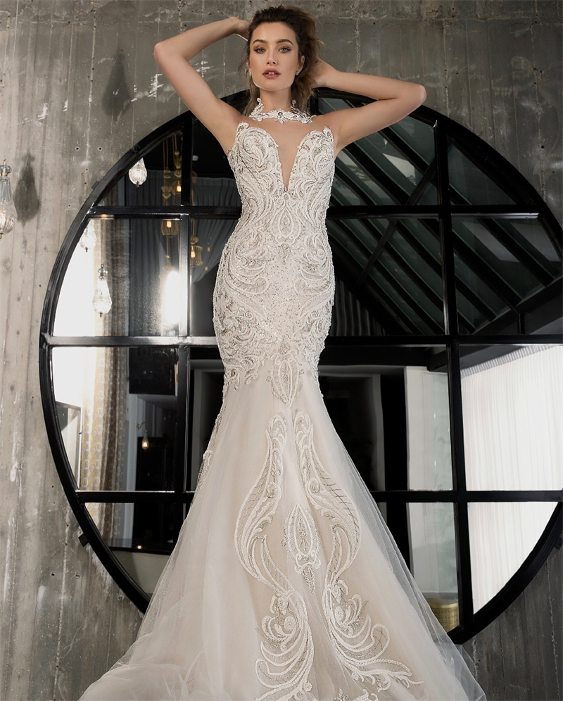 High Collar Sleeveless 2018 Mermaid Wedding Dress Riki Dalal Illusion Lace Applique Sequins Beaded Bridal Gowns Custom Made