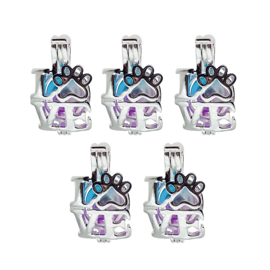 Bright Silver Dog Paw Pattern Love Shape Letters Locket Pearl Cage Pendant Women Aromatherapy Essential Oil Diffuser Jewelry 10pcs