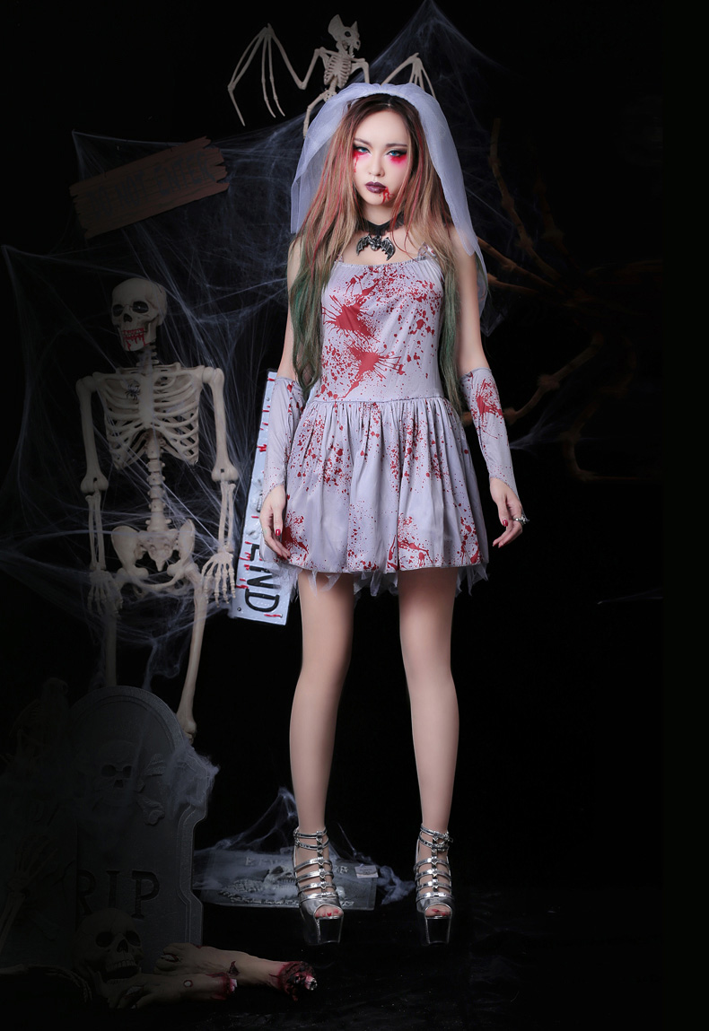2018 New Arrival Halloween Costumes For Adults Vampire Bride Short Spaghetti Printed Blood Ployester Party Dress With Gloves + Veil In Stock