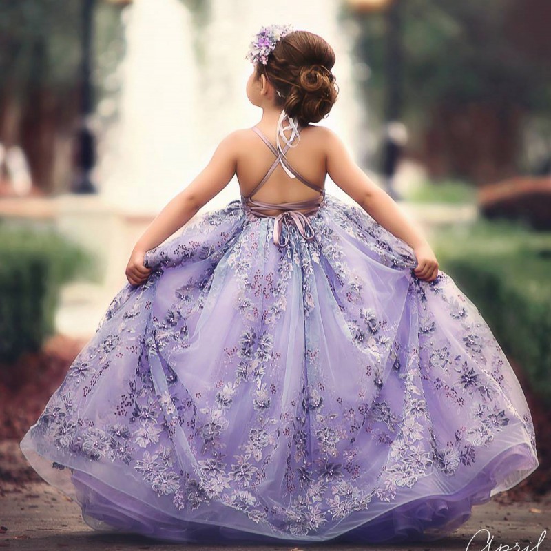 Lanvender Beaded Ball Gown Lace wer Girl Dresses For Wedding V Neck Backless Toddler Pageant Gowns Tulle Sweep Train Kids Prom Dress