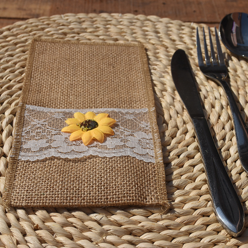 Wholesale Burlap Silverware Napkin Holders with Rustic Sunflower and Lace Cover,Cutlery Pouch for Vintage Wedding Table Decor or Shower