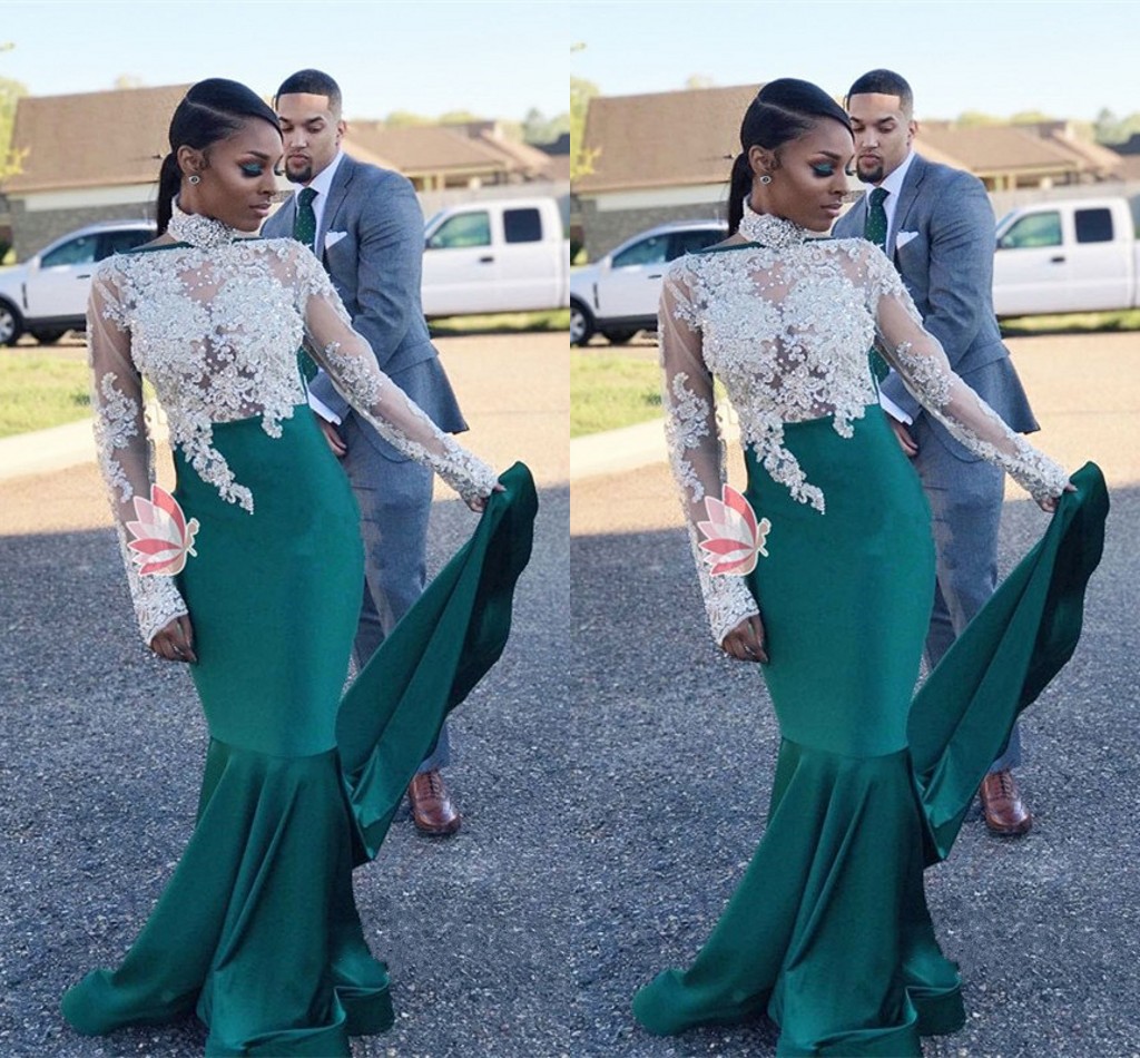 Hunter Green Mermaid Long Sleeves Prom Dresses High Neck Illusion Bodice Appliques Beaded Satin Evening Dresses Sexy Party Dresses, Sage
Hunter Green Mermaid Long Sleeves Prom Dresses High Neck Illusion Bodice Appliques Beaded Satin Evening Dresses Sexy Party Dresses, Sage