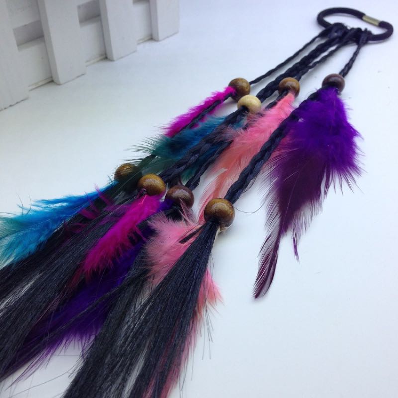 Handmade Bohemia Feather Hair Rubber Bands With Plait Wood Beads Girls Hippie Rope Mix Colors