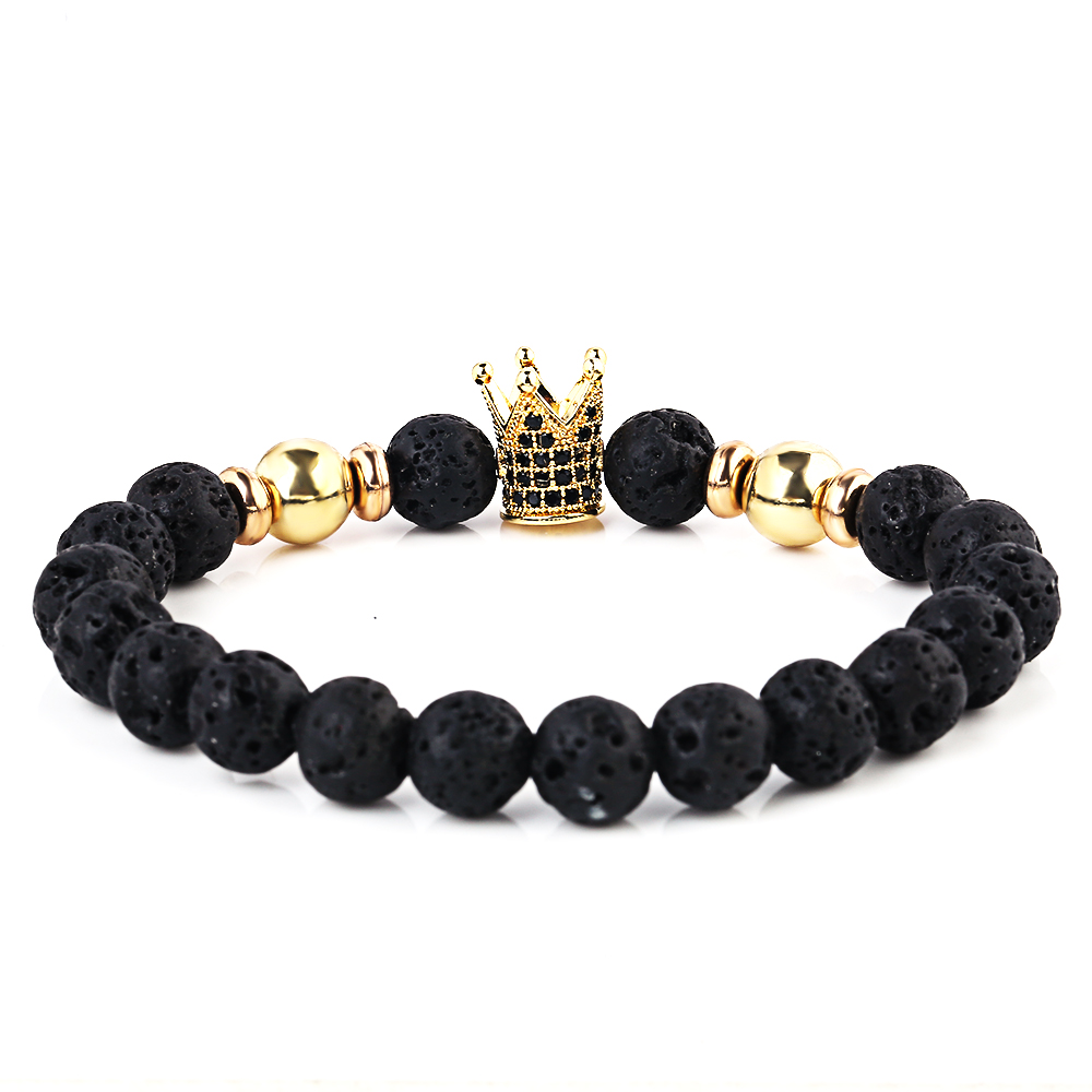 Black Lava Natural Stone Volcanic Rock Beads Strand Bracelets Trendy Gold Zircon Crown Bright Bead Bracelet Men Women Pulseras