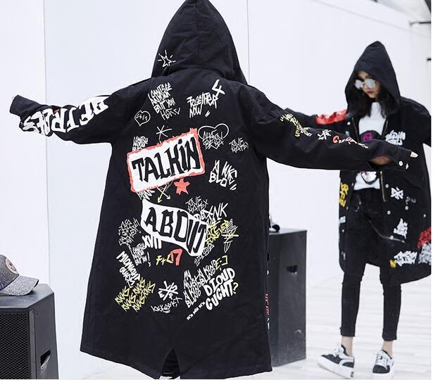 Spring Streetwear Harajuku Dovetail Hooded Trench Coat for Women Casual Graffiti Print Windbreaker Hip Hop Outwear, Black
Spring Streetwear Harajuku Dovetail Hooded Trench Coat for Women Casual Graffiti Print Windbreaker Hip Hop Outwear, Black