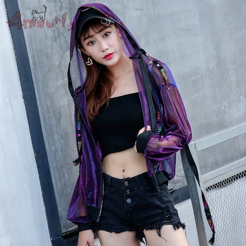 Summer Women Jacket Harajuku Sun Protection Clothing Laser Hologram Sunproof See Through Loose Hooded Zipper Coat Sunscreen Oute L18100904