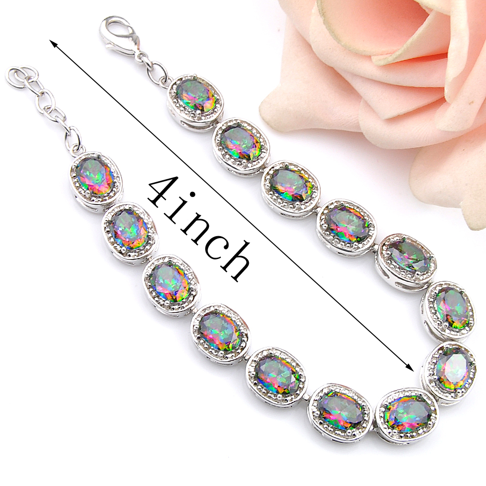 High Quality Oval Shaped Cut Natural Mystic Rainbow Topaz Gemstone Silver Wedding Bangle Bracelets For Women Lovers Bracelets