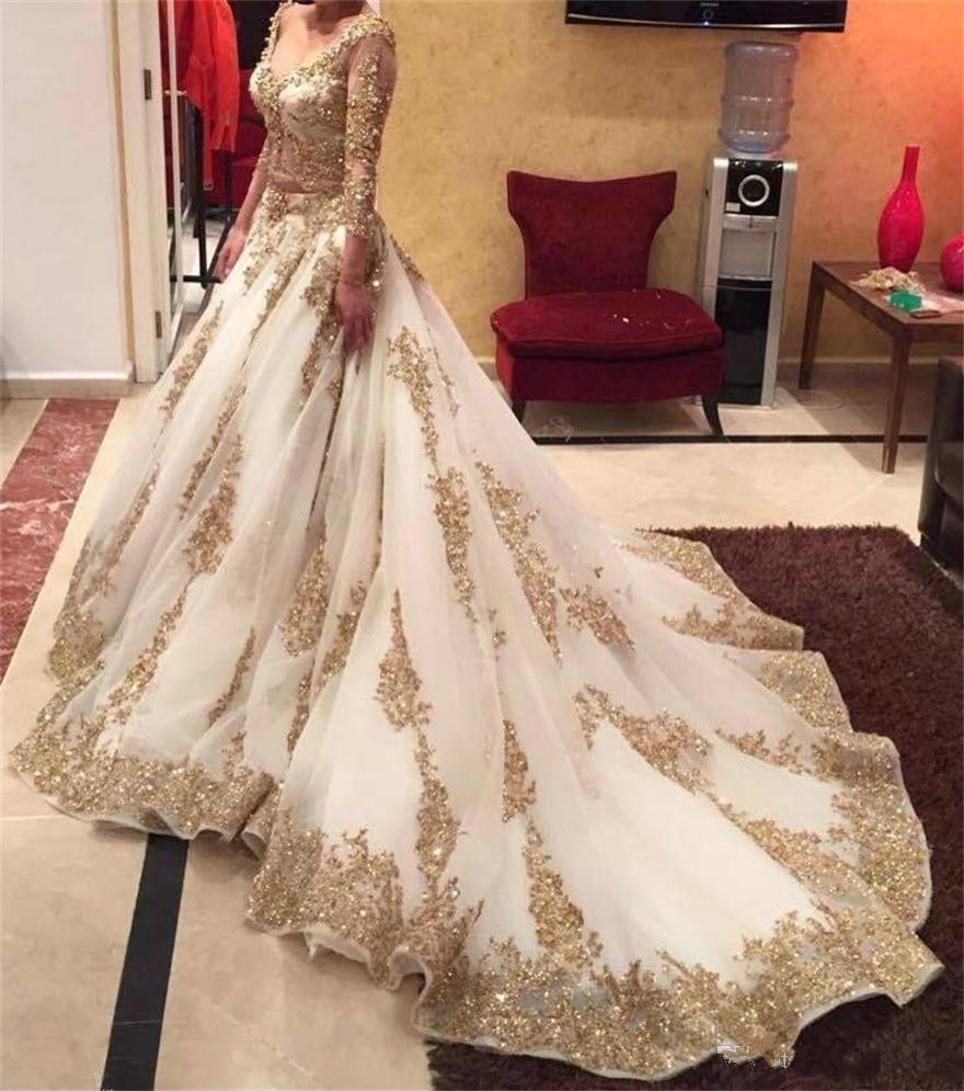 Luxury Gold Applique Long Sleeves Sweep Train Bridal Gowns V Neck Sequins Beading Wedding Dresses Illusion Pageant Dress Vintage, Black
Luxury Gold Applique Long Sleeves Sweep Train Bridal Gowns V Neck Sequins Beading Wedding Dresses Illusion Pageant Dress Vintage, Black
