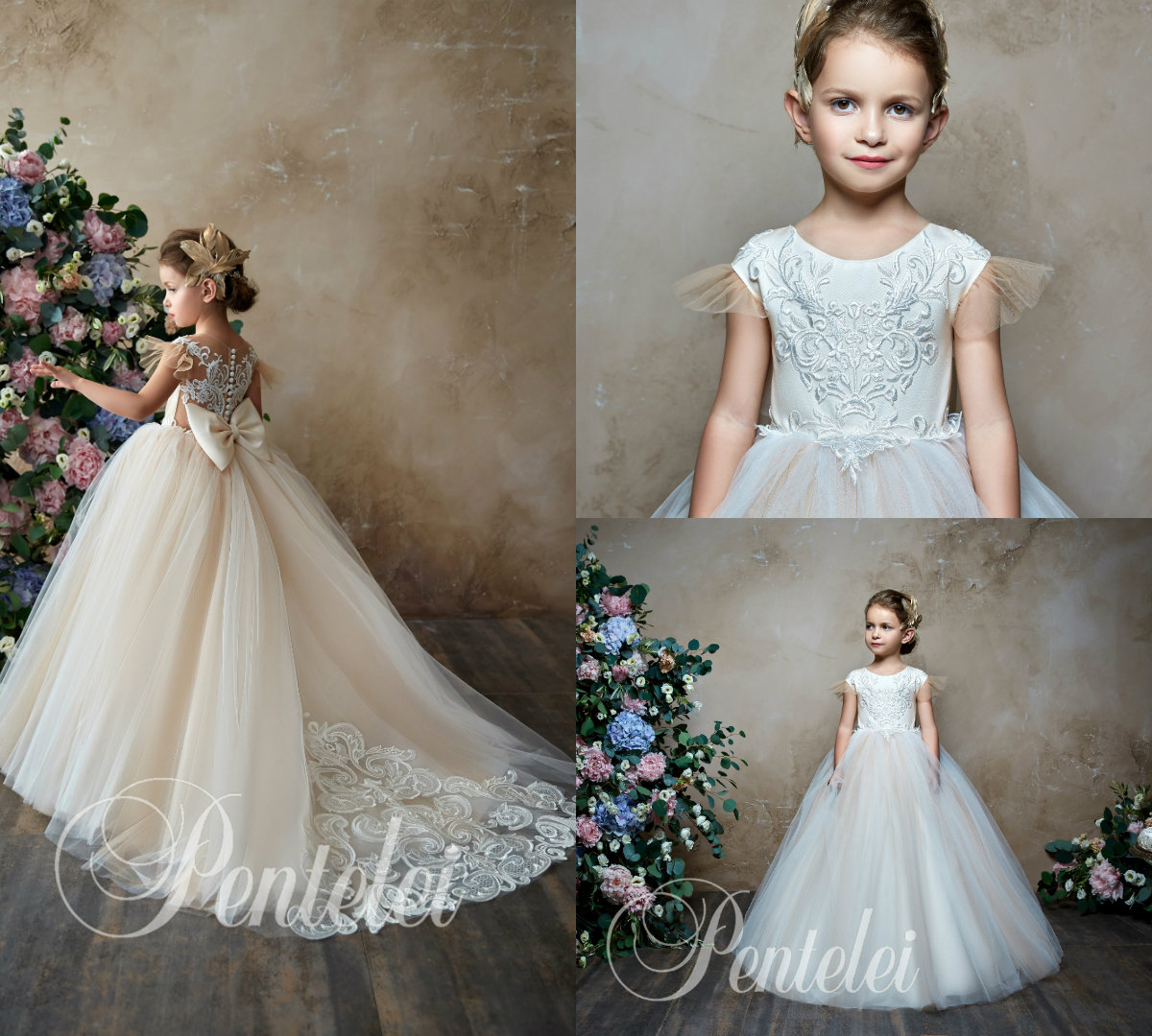 Pentelei 2019 Ivory Flower Girl Dresses For Weddings Jewel Neck Lace Appliqued Bow Little Kids Baby Gowns First Communion Dress Cap Sleeve