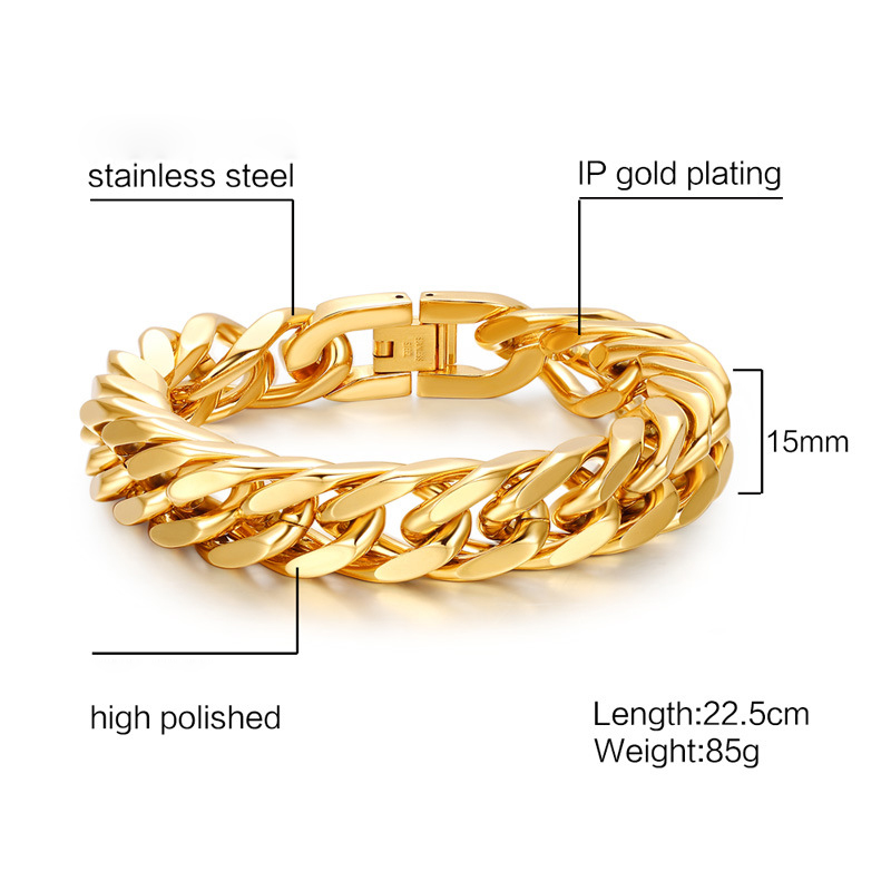 Heavy Thick Men's Link Chain Bracelets 14K Gold Plated Stainless Steel Rock and Hip Hop Bangle