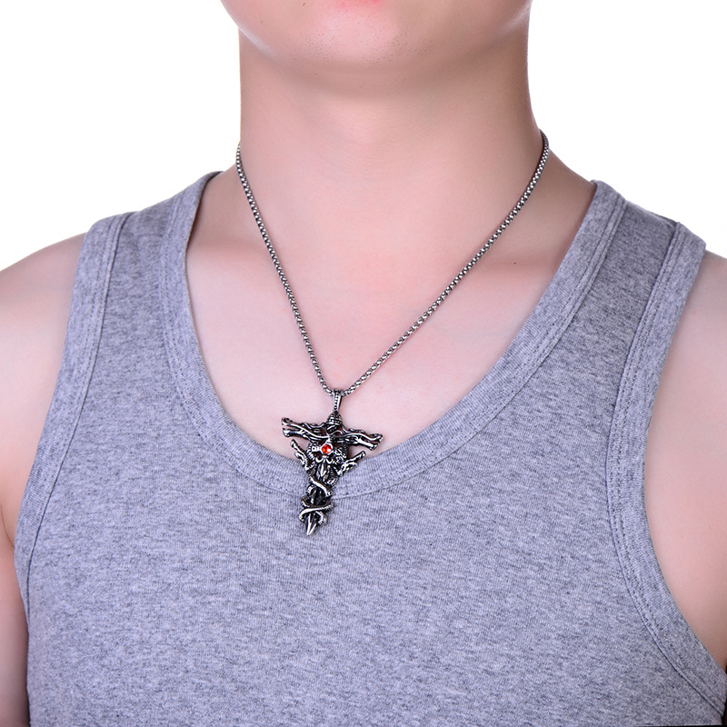 Classic Men's Retro Cross Jewelry - 18K Gold Plating over 316L Stainless Steel with Eye-Catching Red Rhinestone Detailing