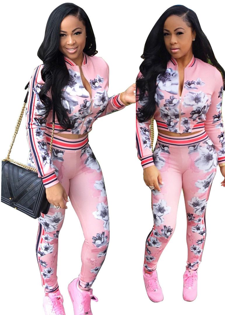 Women's Tracksuits Fashion 2021 Women Casual Long Sleeve Top And Elastic Waist Pants 2 Piece Sets Stripe Patchwork Zipper Printed Suits1