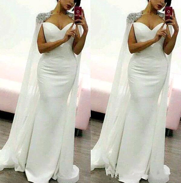 2018 Arabic White Capped Satin Mermaid Long Evening Dresses Applique Beaded Formal Party Gowns Prom Dresses