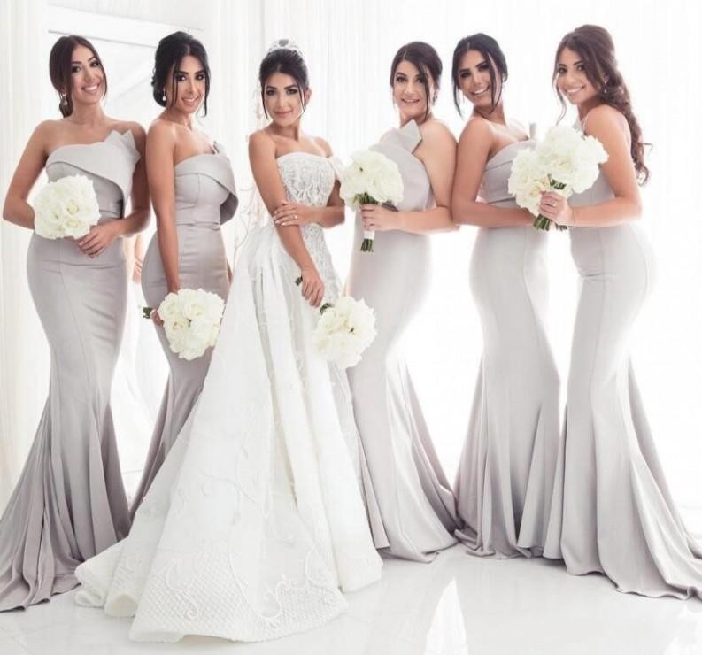 2019 Cheap Sliver Mermaid Bridesmaid Dresses Satin Strapless Sleeveless Ruched Draped Floor Length Custom Made Maid Of Honor Dresses