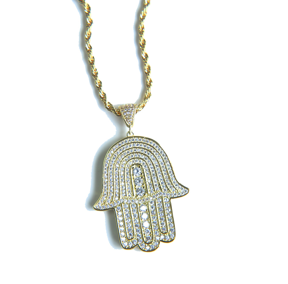 mens lucky hamsa hand pendant necklace hip hop Rock style Full cubic zirconia 24" rope chain silver gold plated cz men necklace