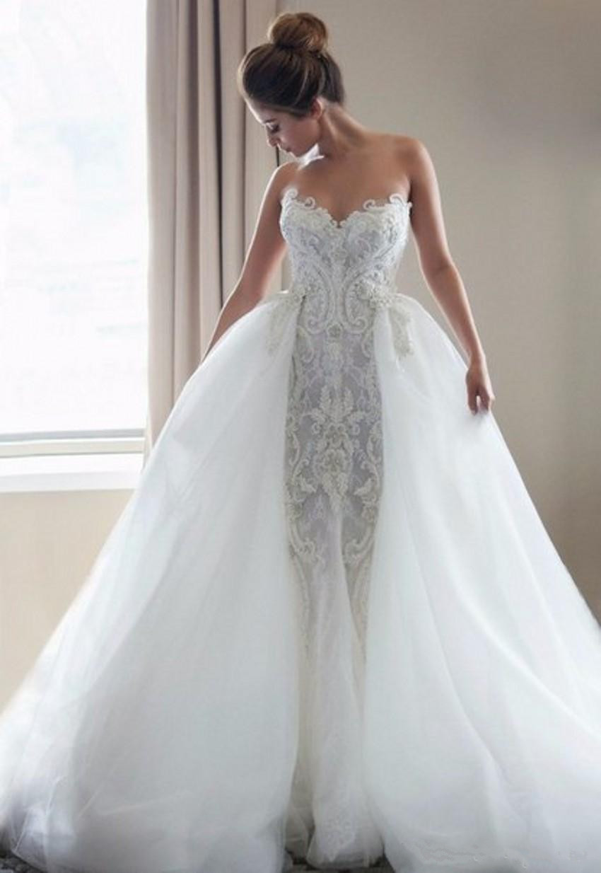 Elegant Sweetheart Mermaid Wedding Dresses With Detachable Skirt Appliques Beaded Bridal Wedding Gowns Vestido De Casamento Robe De Mariee