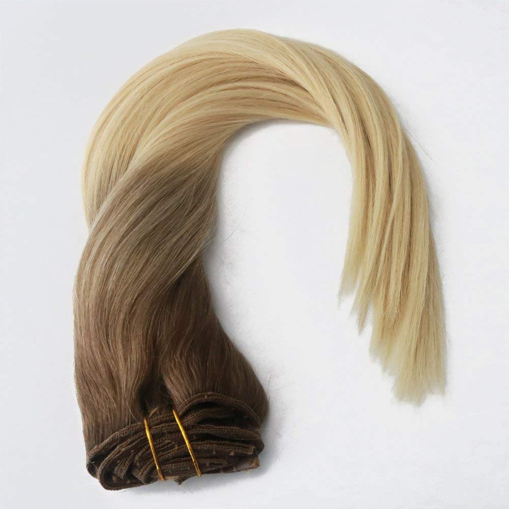 Balayage Ombre Hair Extensions Remy Human Hair of Clip in Hair Extensions Color Brown to Blonde #8 to #613 Silky Straight 120g