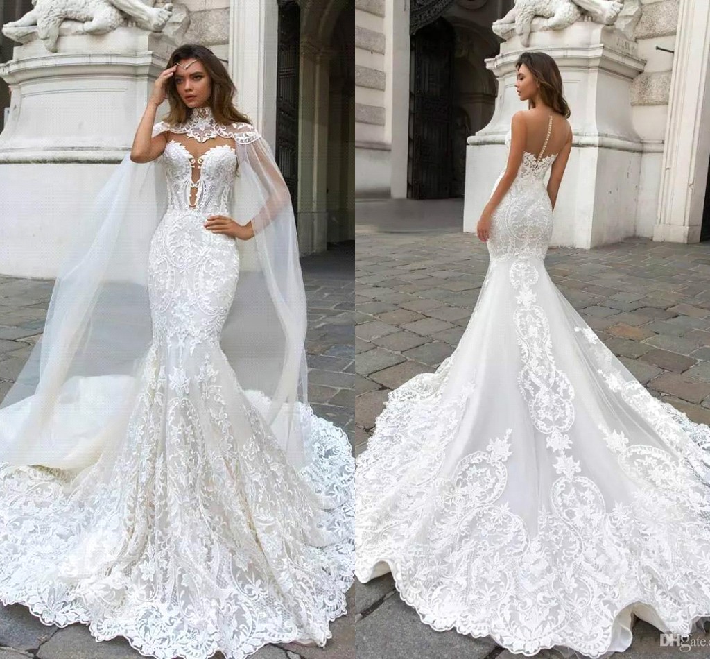 gorgeous high neck mermaid wedding dresses with tulle wraps lace appliques long bridal gowns court train button back, White
gorgeous high neck mermaid wedding dresses with tulle wraps lace appliques long bridal gowns court train button back, White