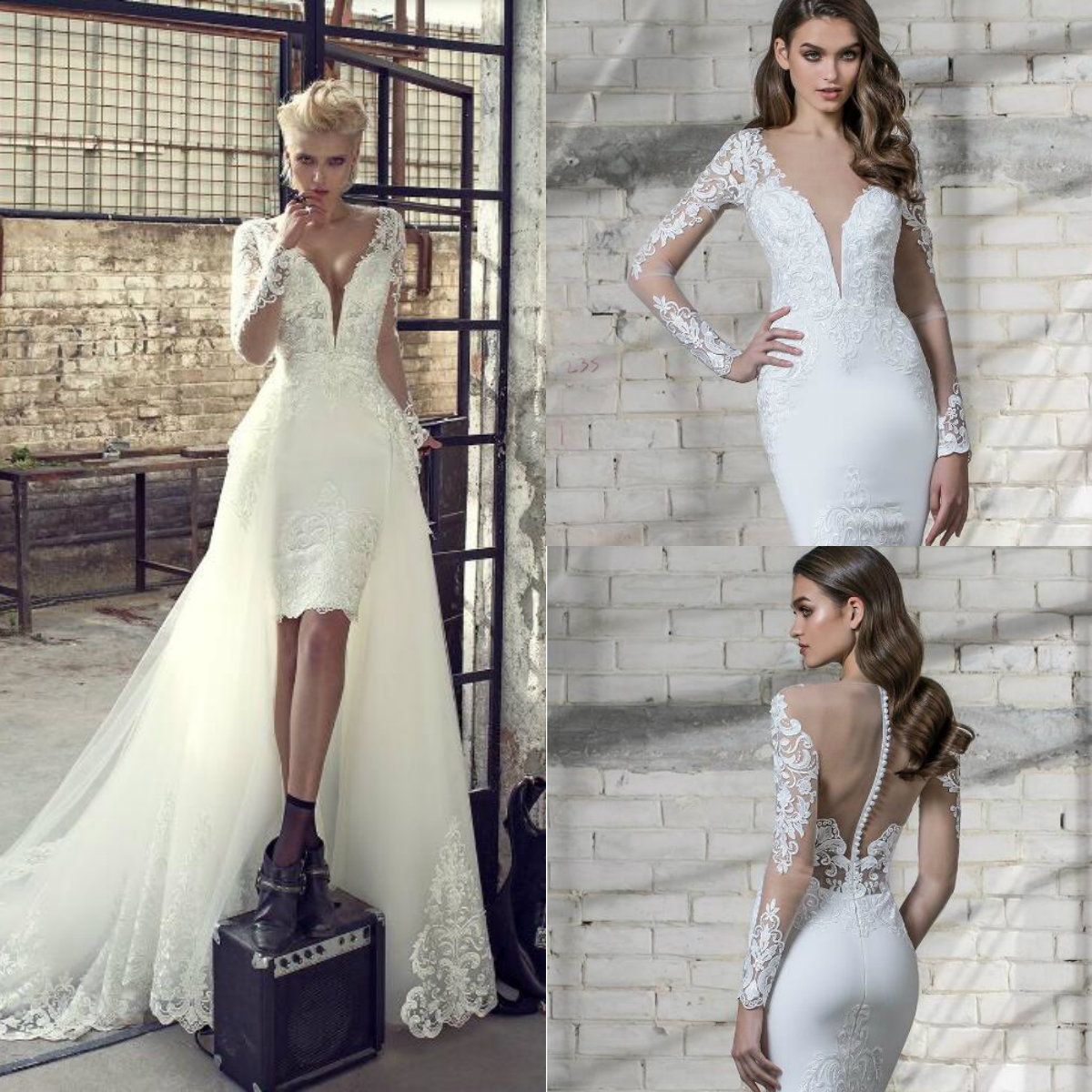 Modest Short Wedding Dress Pnina Tornai 2019 Spring Long Sleeve Sheer V Neck Lace Applique Buttons Back Bridal Gowns With Detachable Train