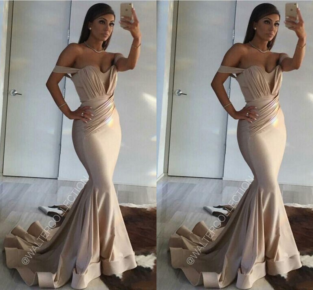 Cheap Champagne Hunter Mermaid Dresses Ruffles Off The Shoulder Long African Satin Wedding Guest Gowns Bridesmaid Dress 403