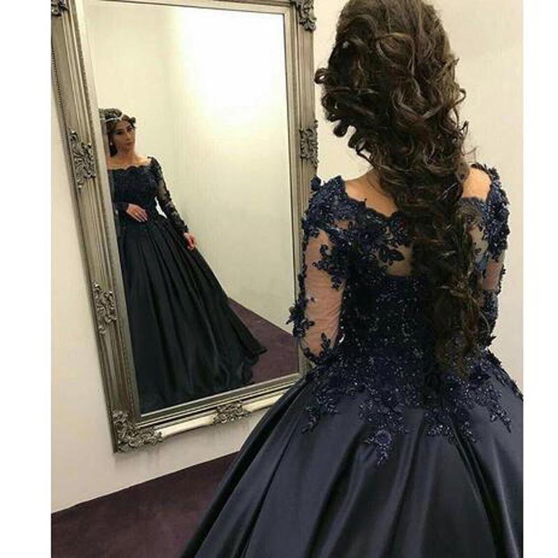 Exquisite Dark Blue quinceanera vestidos de quinceanera dresses Beaded Appliques Off-Shoulder Long Sleeves sweet 16 dresses