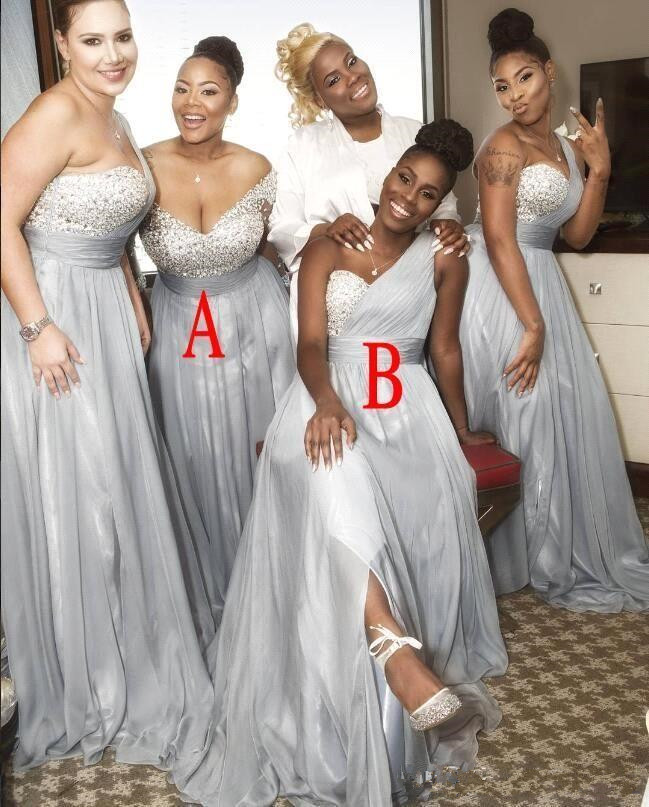 African Silver Chiffon Beaded Top Plus Size Long Bridesmaid Dresses One Shoulder Ruched Split Wedding Guest Maid of Honor Dresses BA8881
African Silver Chiffon Beaded Top Plus Size Long Bridesmaid Dresses One Shoulder Ruched Split Wedding Guest Maid of Honor Dresses BA8881
