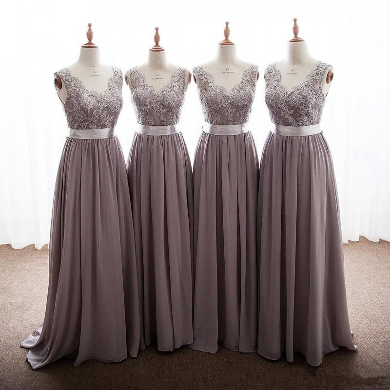 Gray Chiffon A-Line Bridesmaid Dresses V Neck Appliques Lace Backless Long Bridesmaid Gowns With Ribbon Bow Prom Party Dress
Gray Chiffon A-Line Bridesmaid Dresses V Neck Appliques Lace Backless Long Bridesmaid Gowns With Ribbon Bow Prom Party Dress