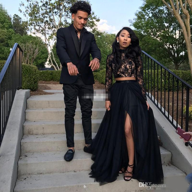 Two Piece Black Prom Dresses with Lace Long Sleeve A-Line Tulle Side Split Evening Party Gowns galajurken