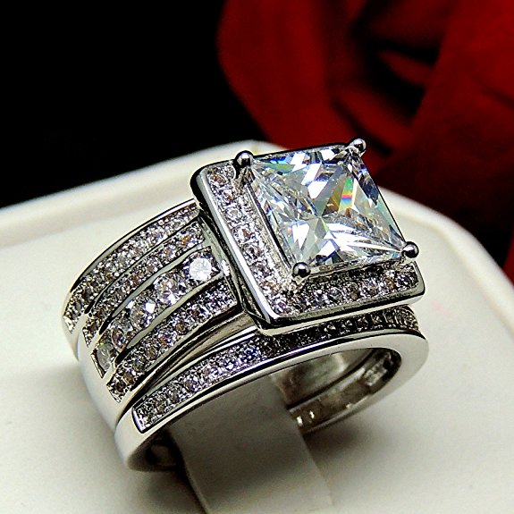 Stunning 10KT White Gold Filled Princess Cut Topaz CZ Dia 3-in-1 Ring Set for Women (Size 5-10)