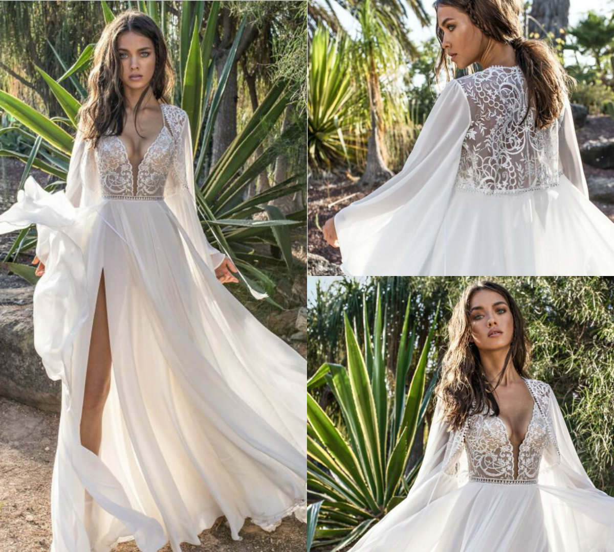 2018 Asaf Dadush Boho Wedding Dresses Spaghetti Lace Applique Sweep Train Chiffon Sexy Beach Wedding Gowns Side Split Bohemian Bridal Dress