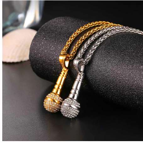 U7 Ice Out Chain Necklace Microphone Pendant Men/Women Stainless Steel Gold Color Rhinestone Best Friend Jewelry Hip Hop P1018