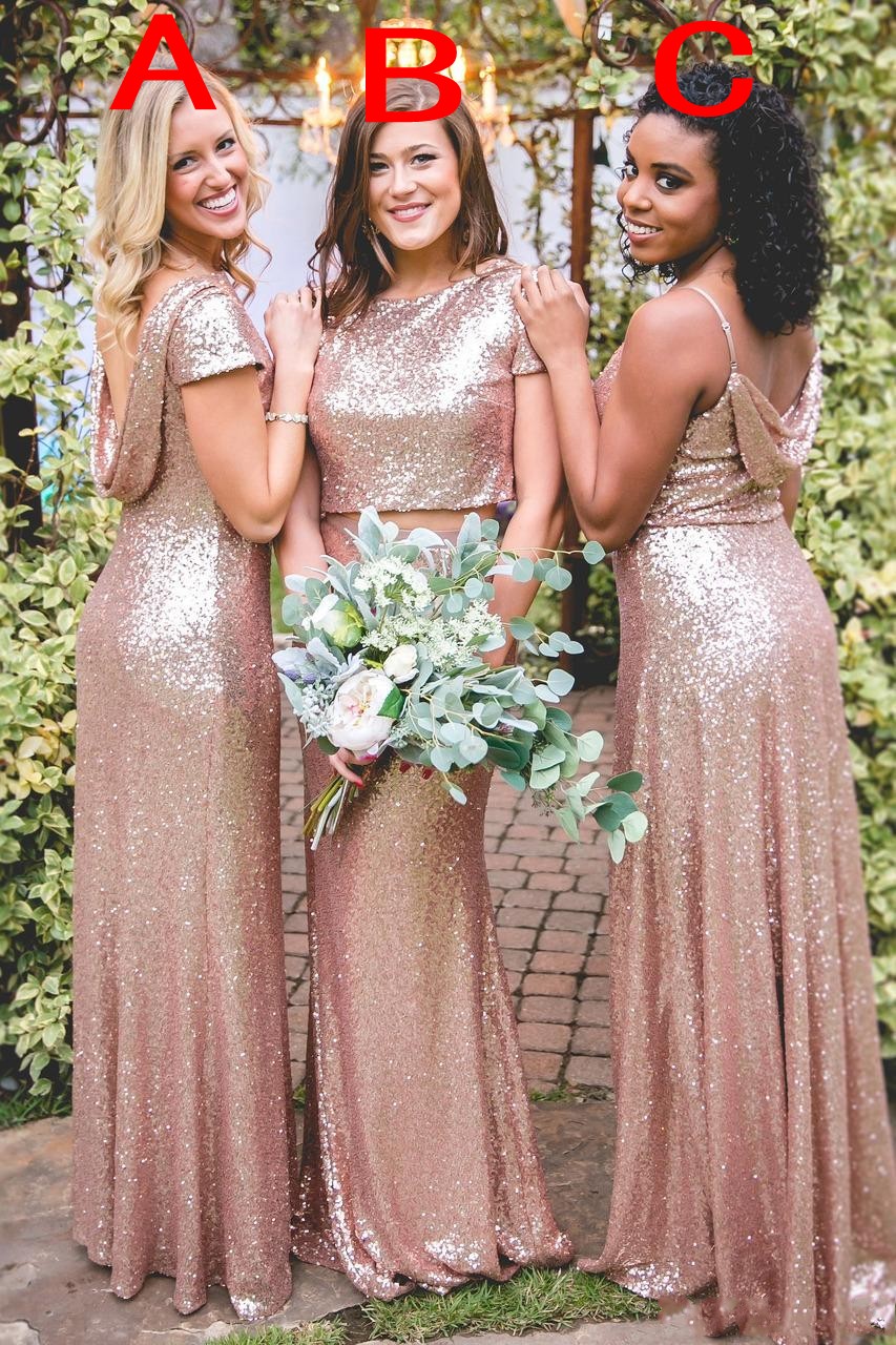 2024 Bg Sparkly Bridesmaid Rose Gold Sequined Cheap Mermaid Two Pieces Backless Sequins Beach Party Dresses Wedding Guest Dress 403 6660311