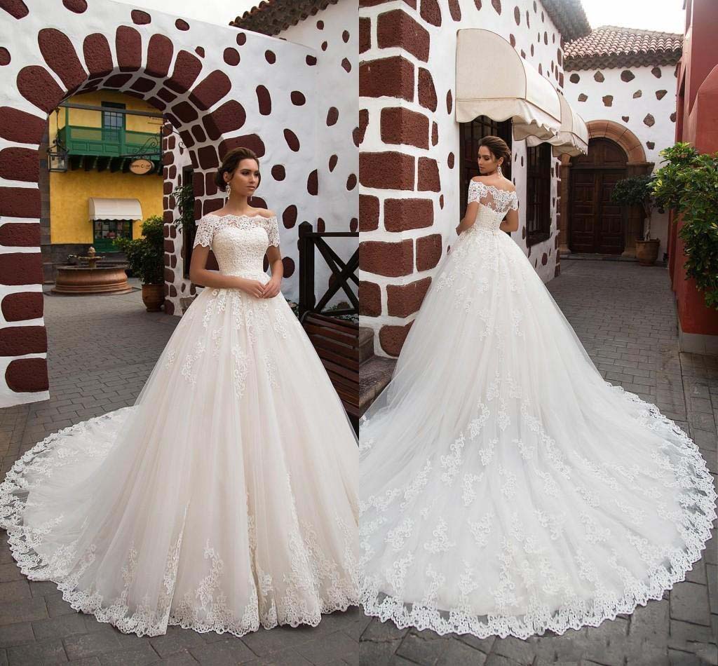 Vintage Arabic Princess Wedding Dresses Ivory A Line Lace Turkey Women Country Western Bridal Gowns 2018 Appliques Off-Shoulder Short Sleeve