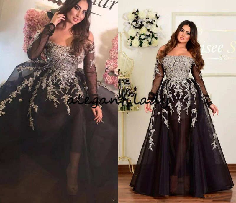 Plus Size Off Shoulder Prom Party Dresses with Long Sleeve 2019 Black Silver Shiny Lace Applique Dubai Arabic Occasion Evening Gown