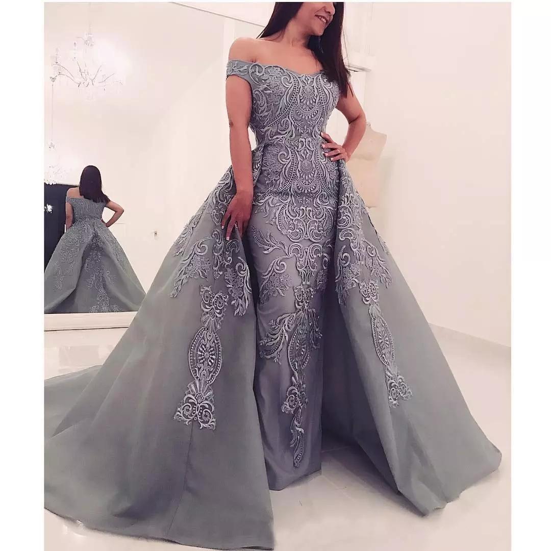 Silver Gray Prom Dresses With Detachable Overskirts Off Shoulder Lace Mermaid Evening Dress Applique Luxury Formal Dress Party Gowns Wear